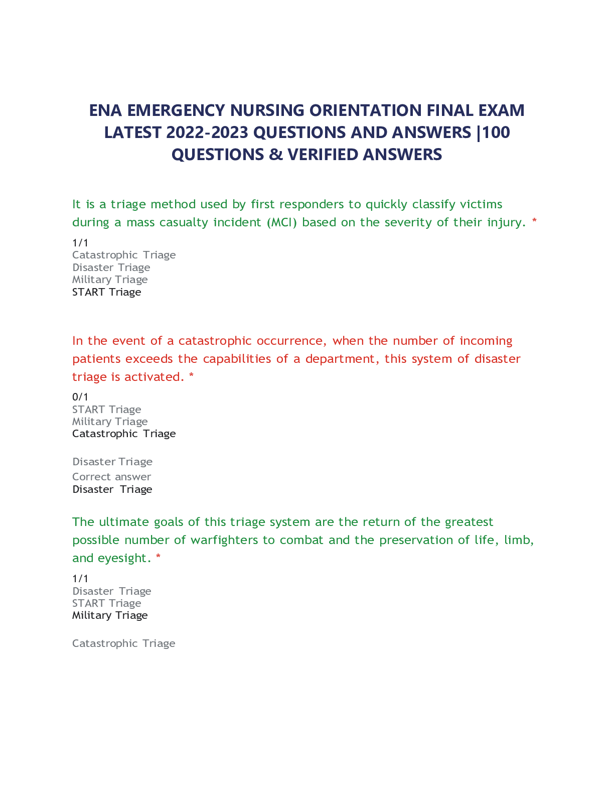 Preview image for ENA EMERGENCY NURSING ORIENTATION FINAL EXAM LATEST 2022-2023 QUESTIONS AND ANSWERS |100 QUESTIONS & VERIFIED ANSWERS