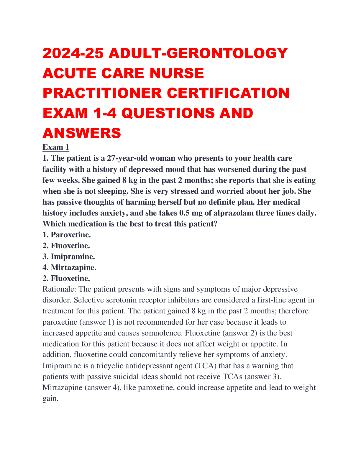 Preview image for 2024-25 ADULT-GERONTOLOGY ACUTE CARE NURSE PRACTITIONER CERTIFICATION EXAM 1-4 QUESTIONS AND ANSWERS