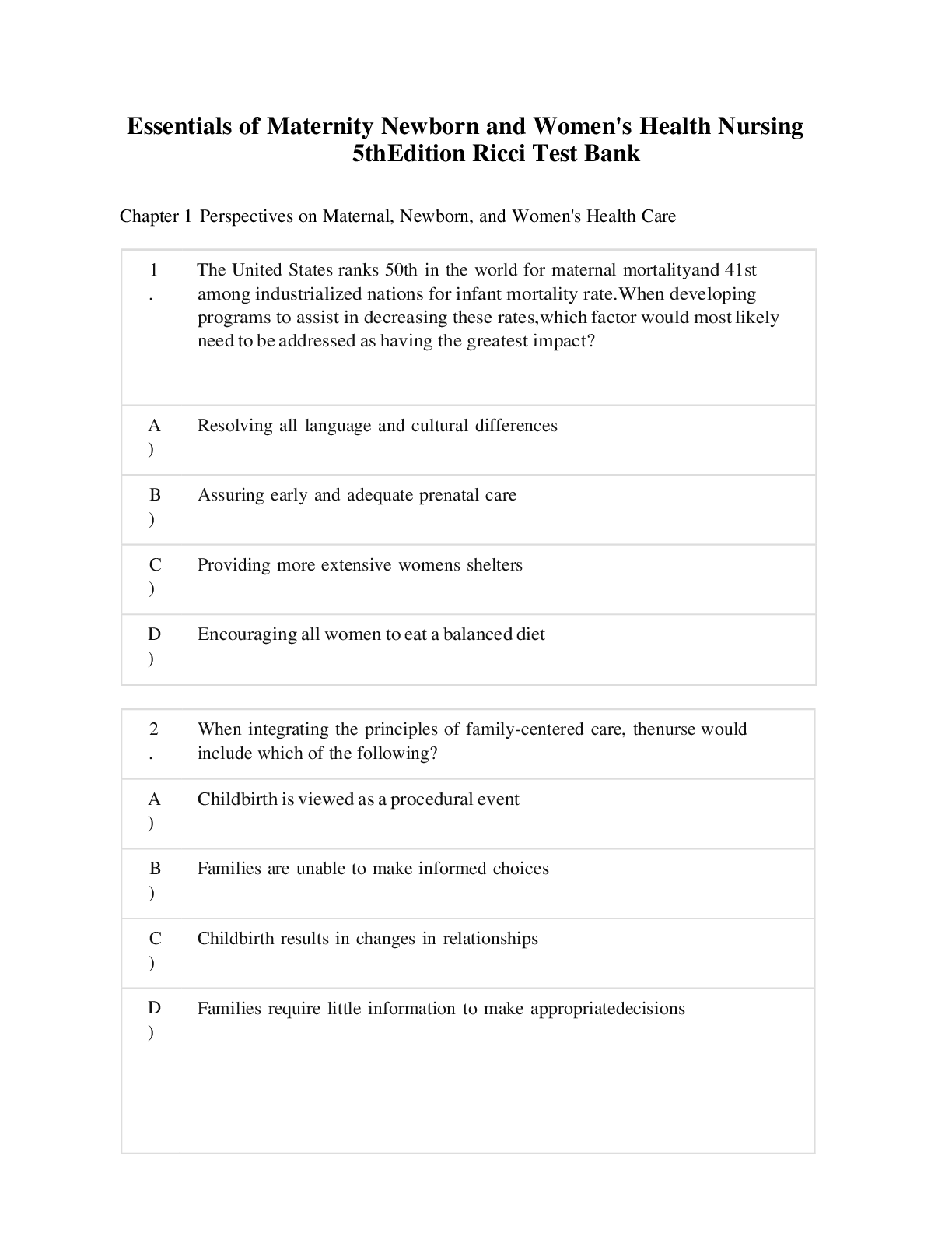 Preview image for Essentials of Maternity Newborn and Women's Health Nursing 5th Edition Ricci Test Bank