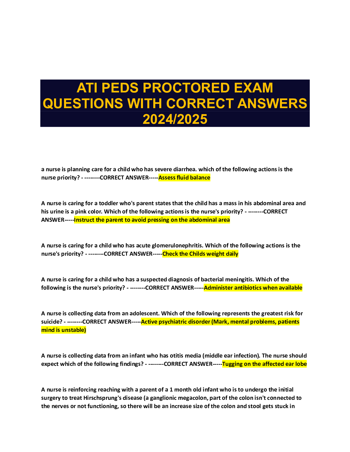 Preview of ATI PEDS PROCTORED EXAM QUESTIONS WITH CORRECT ANSWERS 2024-2025