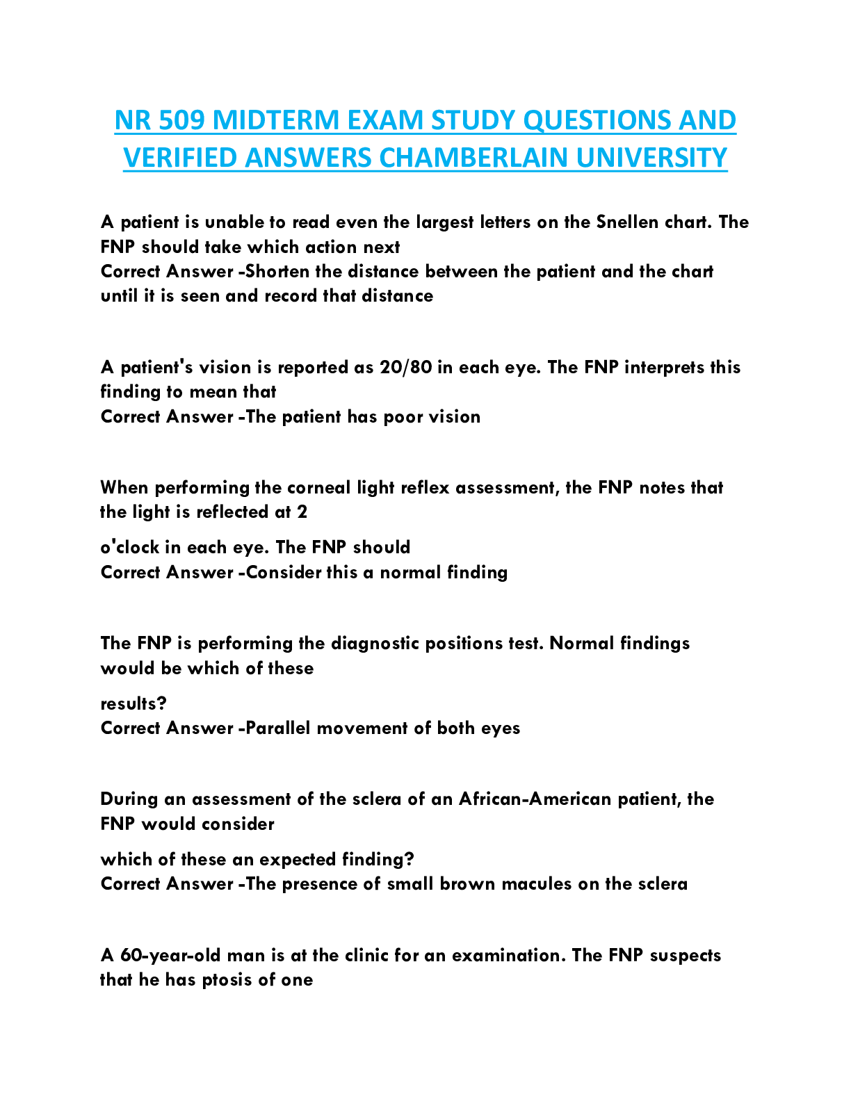 NR 509 MIDTERM EXAM STUDY QUESTIONS AND  VERIFIED ANSWERS CHAMBERLAIN UNIVERSITY