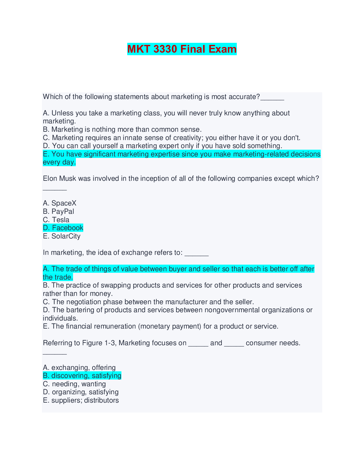 Preview of MKT 3330 Final Exam | Complete Solutions (Verified)
