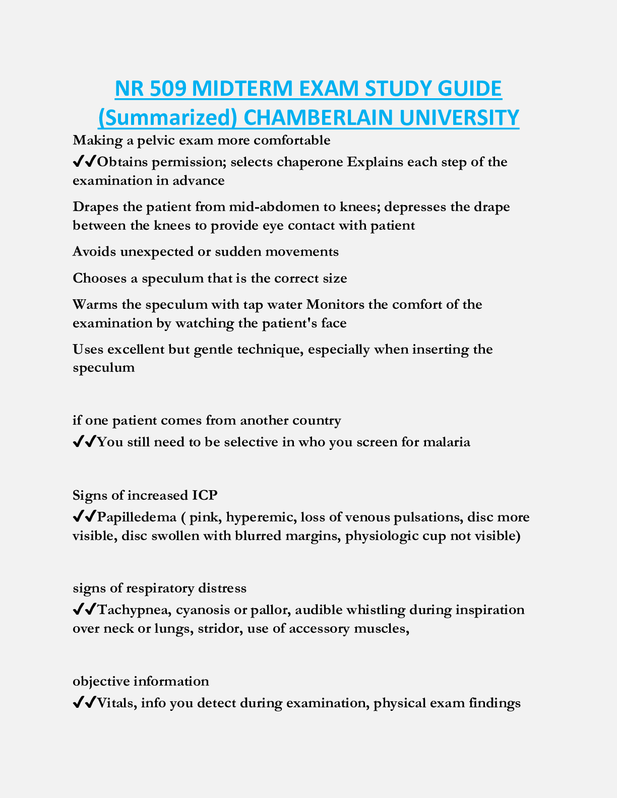 NR 509 MIDTERM EXAM STUDY GUIDE  (Summarized) CHAMBERLAIN UNIVERSITY