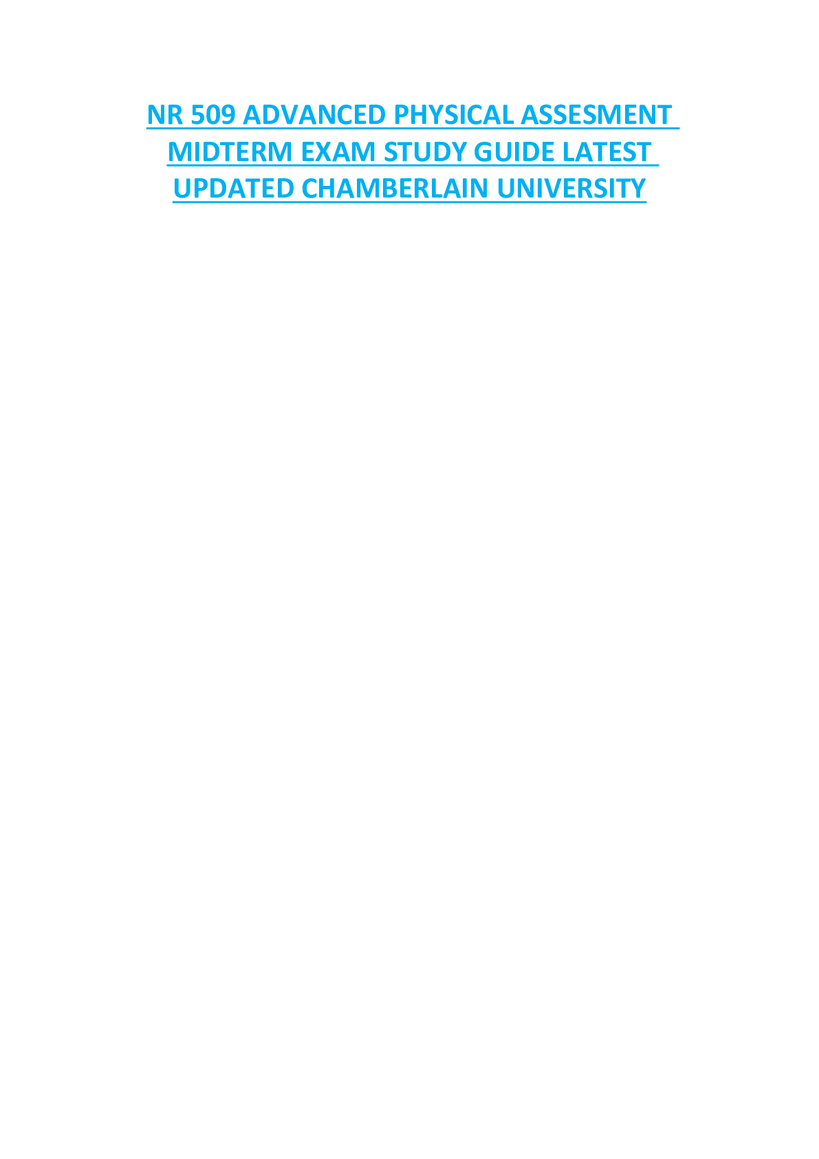 NR 509 ADVANCED PHYSICAL ASSESMENT  MIDTERM EXAM STUDY GUIDE LATEST  UPDATED CHAMBERLAIN UNIVERSITY