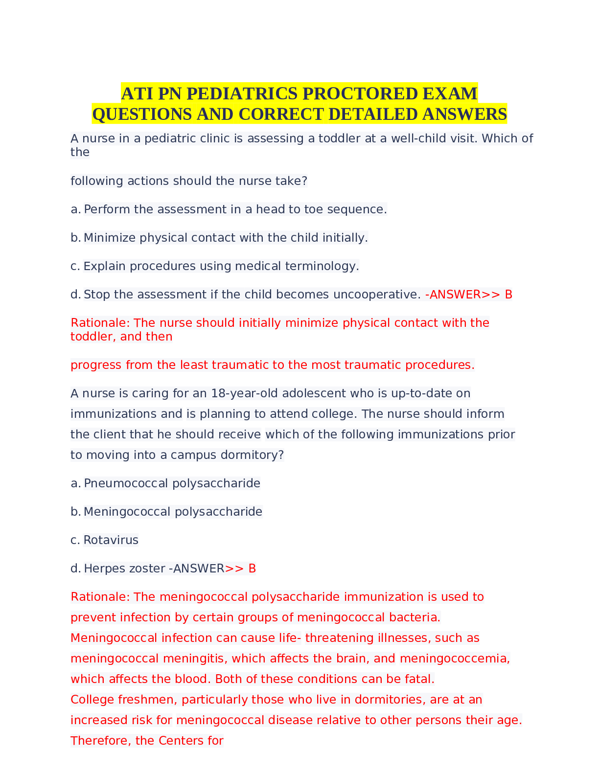 Preview of ATI PN PEDIATRICS PROCTORED EXAM QUESTIONS AND CORRECT DETAILED ANSWERS