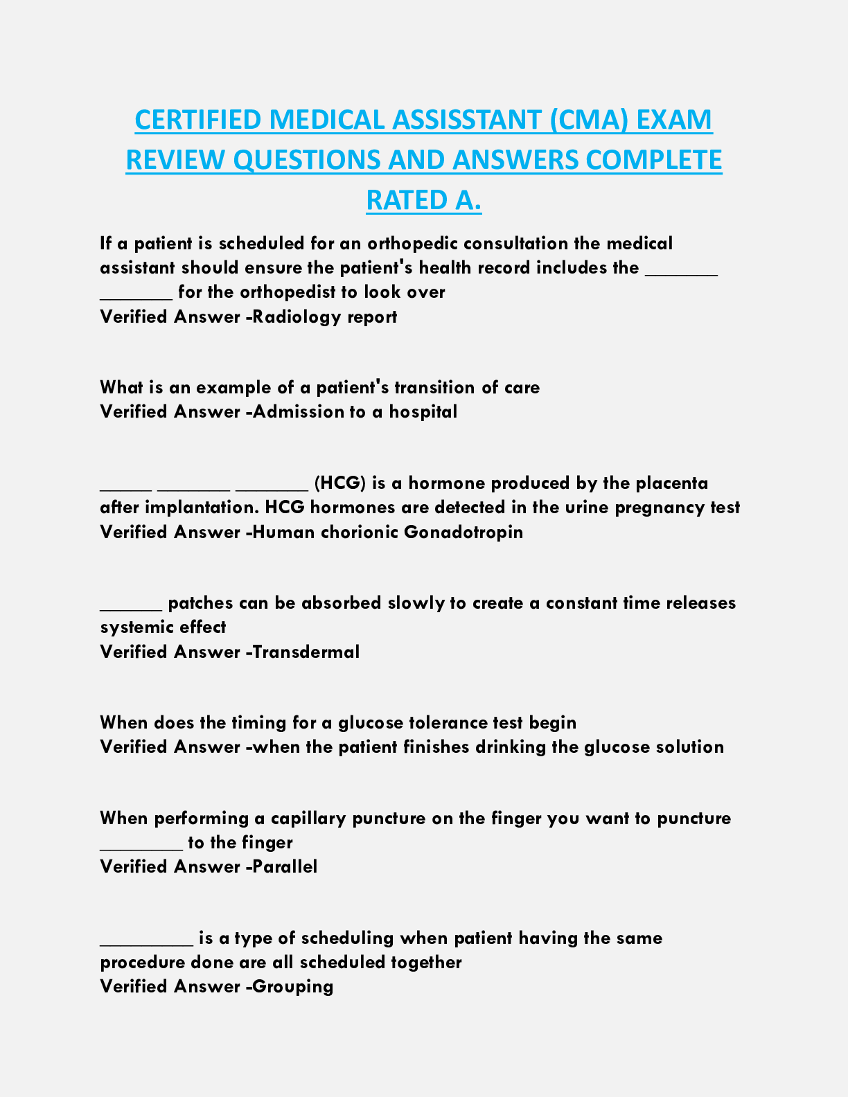 CERTIFIED MEDICAL ASSISSTANT (CMA) EXAM  REVIEW QUESTIONS AND ANSWERS COMPLETE  RATED A.