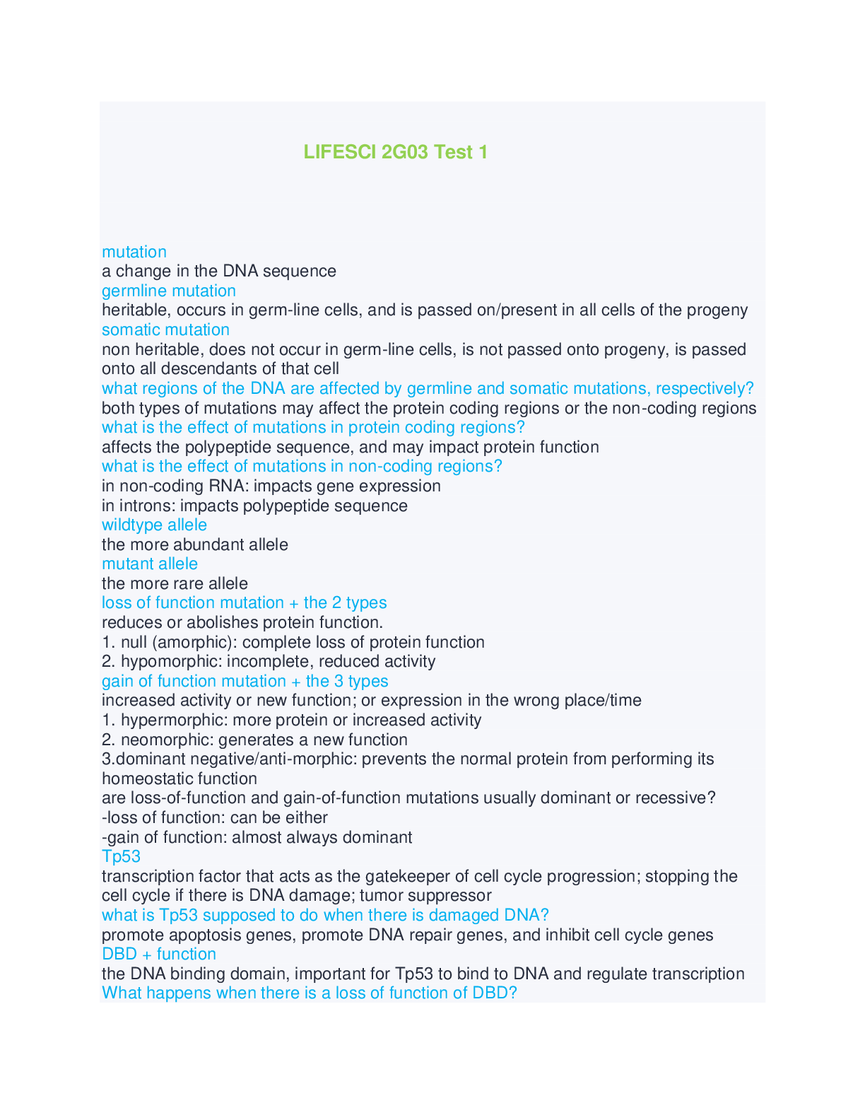 LIFESCI 2G03 Test 1 questions and answers complete solution 100% 2024/2025