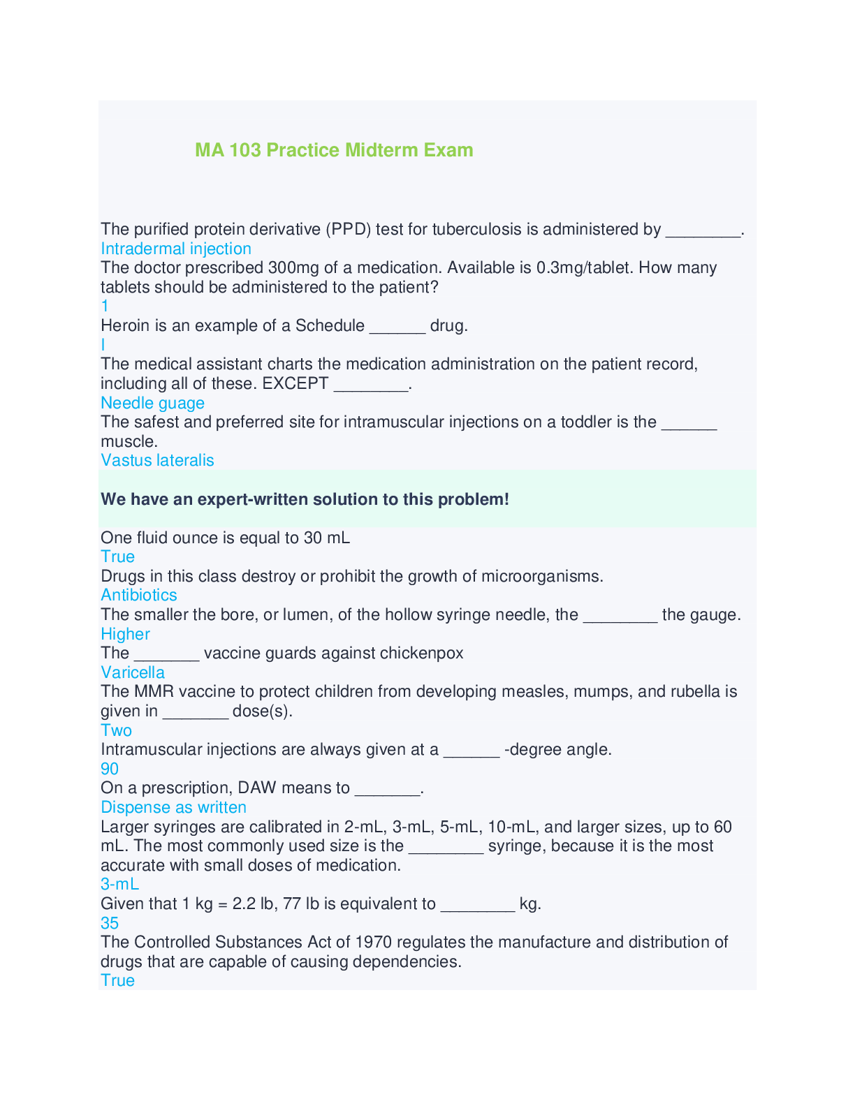 Preview of MA 103 Practice Midterm Exam questions and answers 100% complete solution 2024/2025