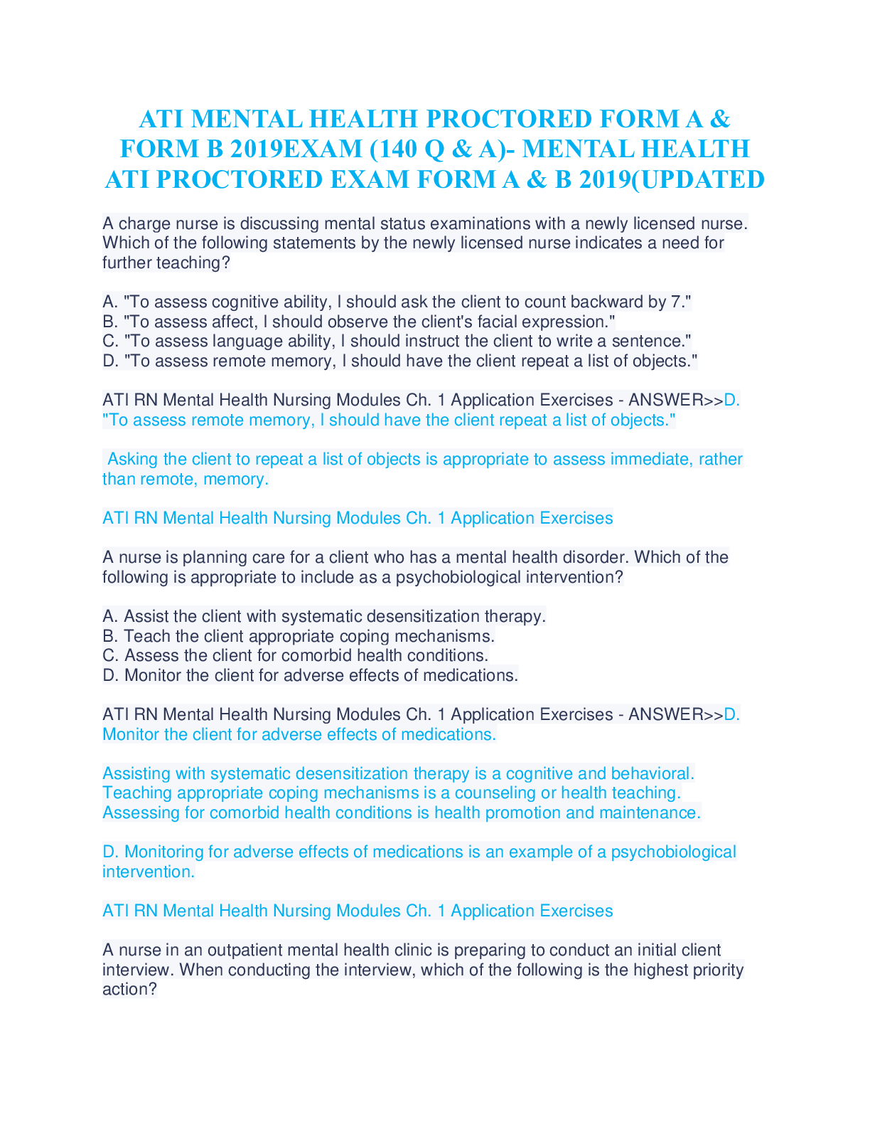 Preview of ATI MENTAL HEALTH PROCTORED FORM A & FORM B 2019EXAM (140 Q & A)- MENTAL HEALTH ATI PROCTO