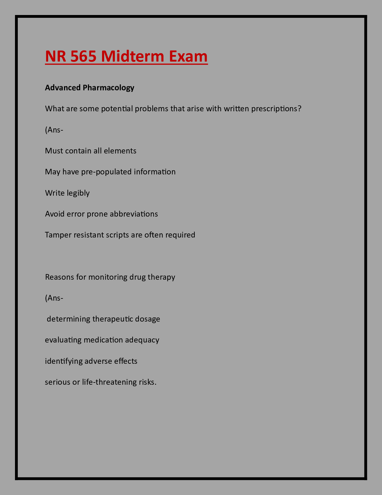 Preview image for NR 565 Midterm Exam:Advanced Pharmacology : Questions & Answers: Updated APlus Guide