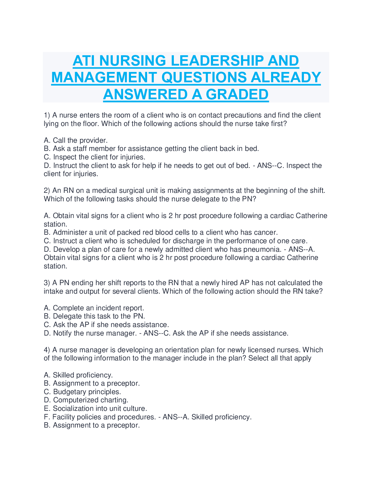 Preview of ATI NURSING LEADERSHIP AND MANAGEMENT QUESTIONS ALREADY ANSWERED A GRADED