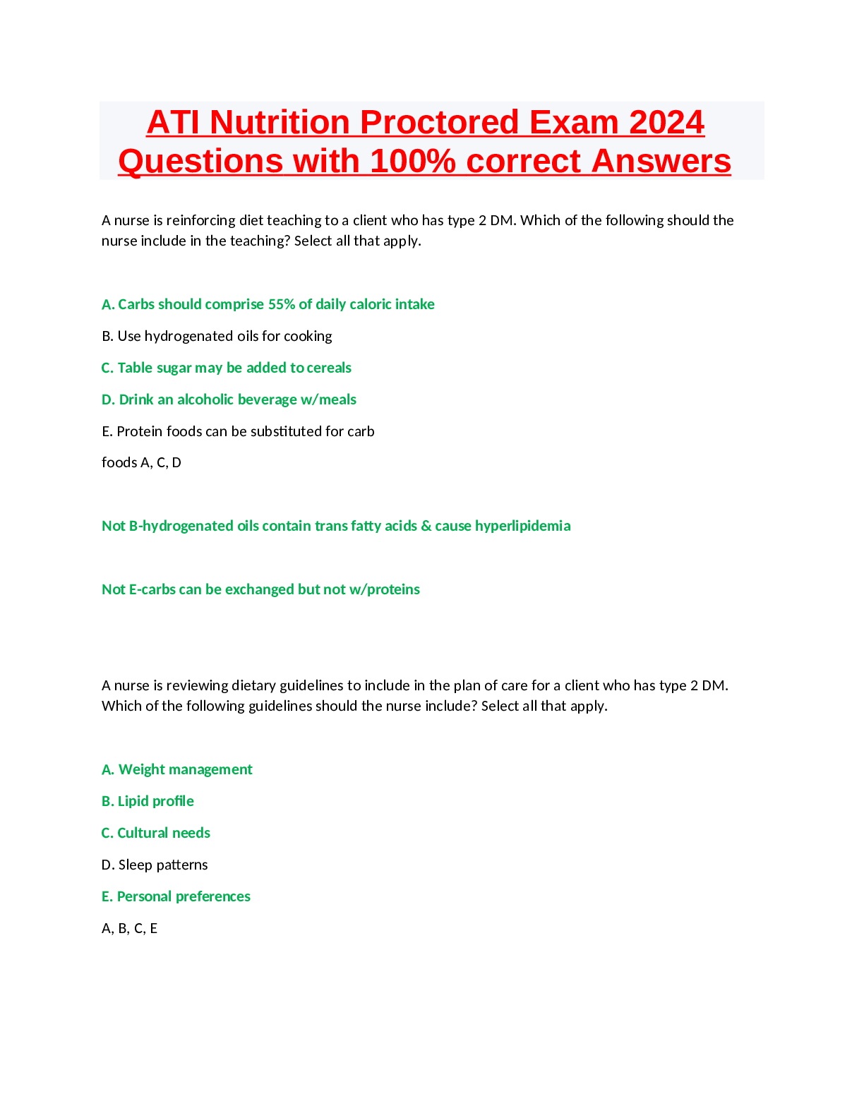 ATI Nutrition Proctored Exam 2024 Questions with 100% correct Answers ...