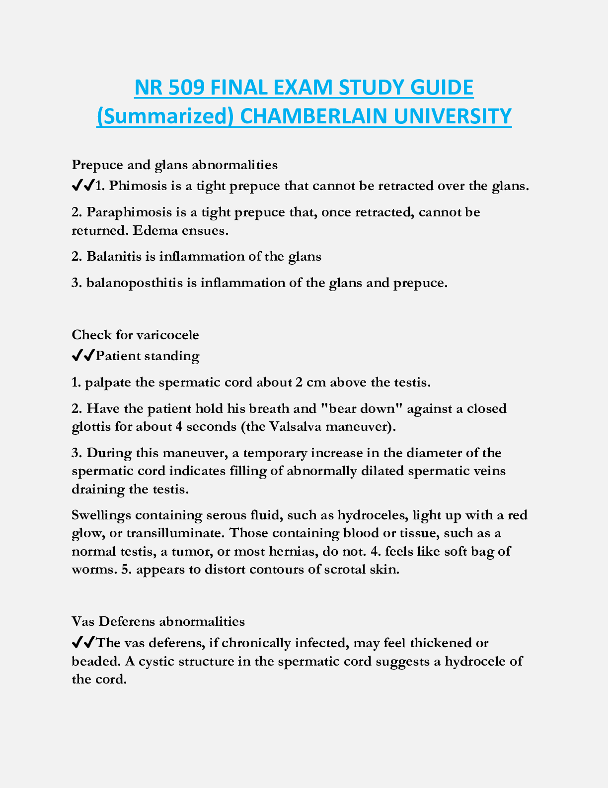 NR 509 FINAL EXAM STUDY GUIDE  (Summarized) CHAMBERLAIN UNIVERSITY