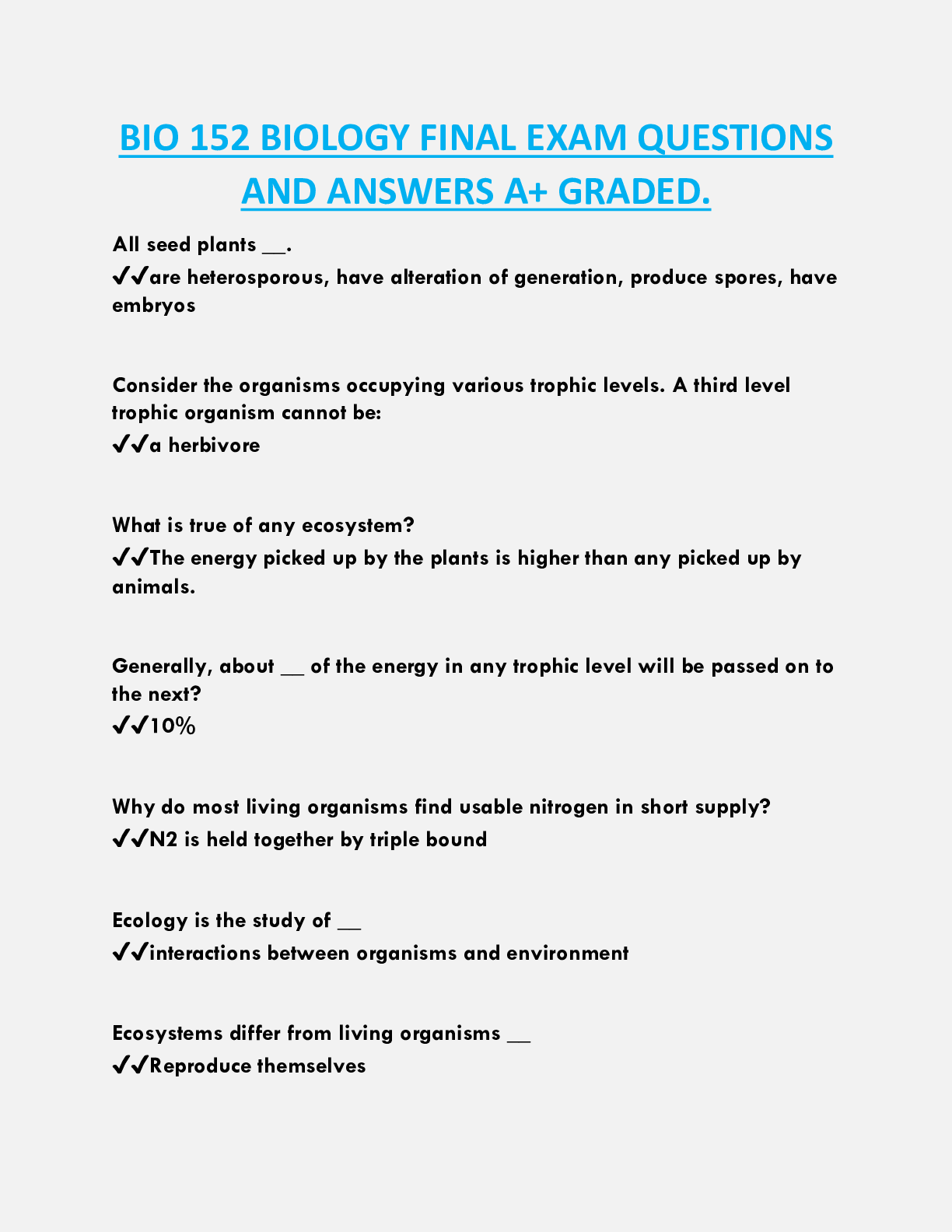 BIO 152 BIOLOGY FINAL EXAM QUESTIONS  AND ANSWERS A+ GRADED.