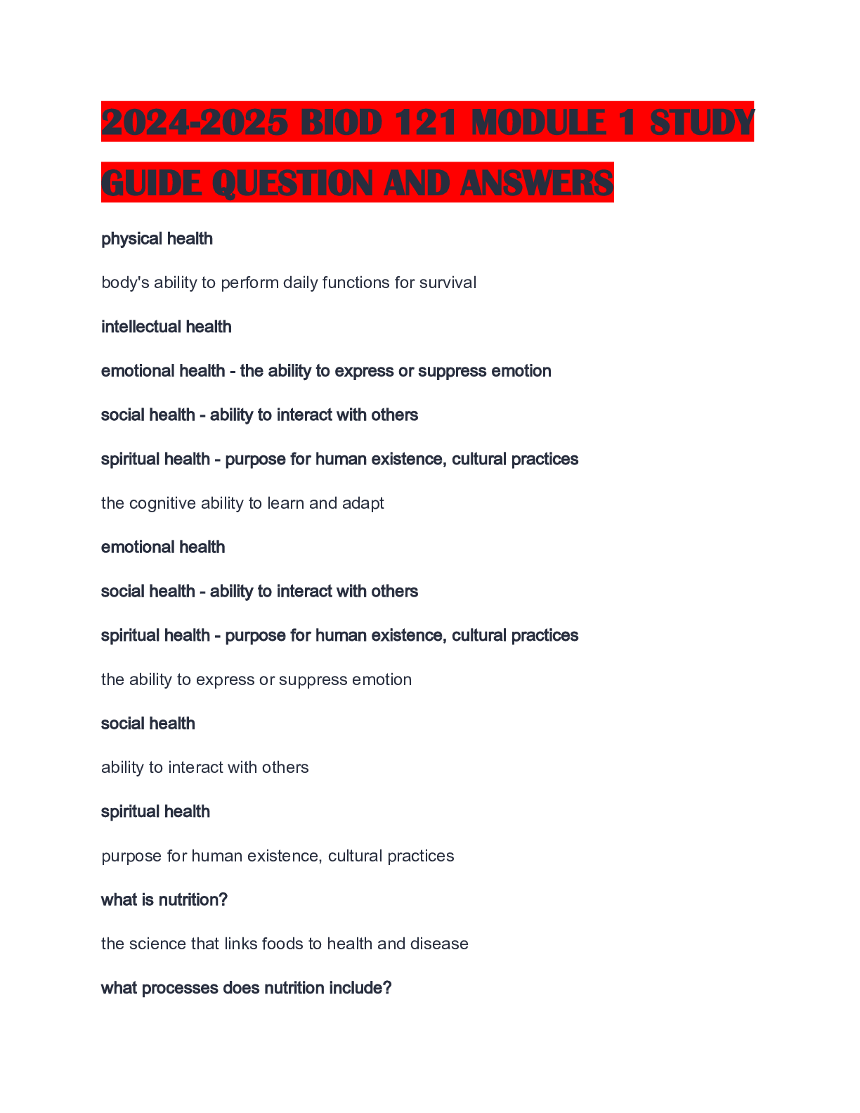 Preview of 2024-2025 BIOD 121 MODULE 1 STUDY GUIDE QUESTION AND ANSWERS