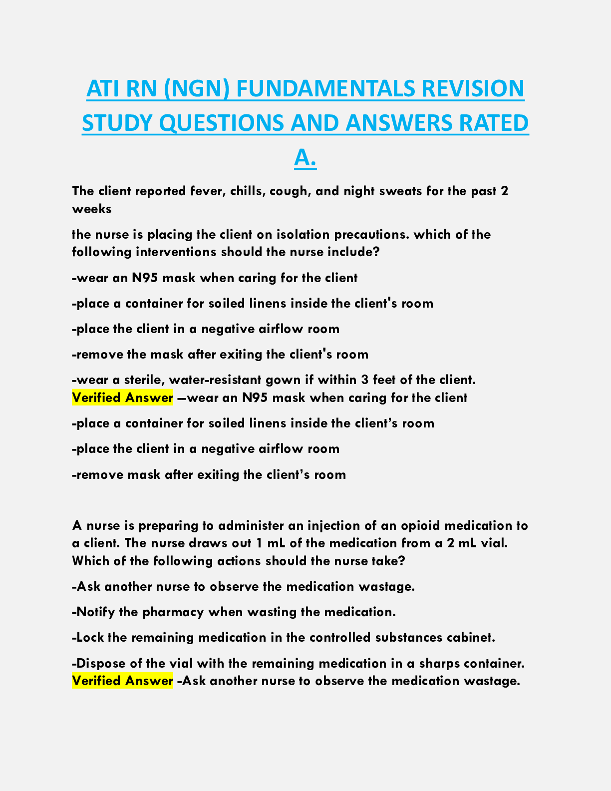ATI RN (NGN) FUNDAMENTALS REVISION  STUDY QUESTIONS AND ANSWERS RATED  A.