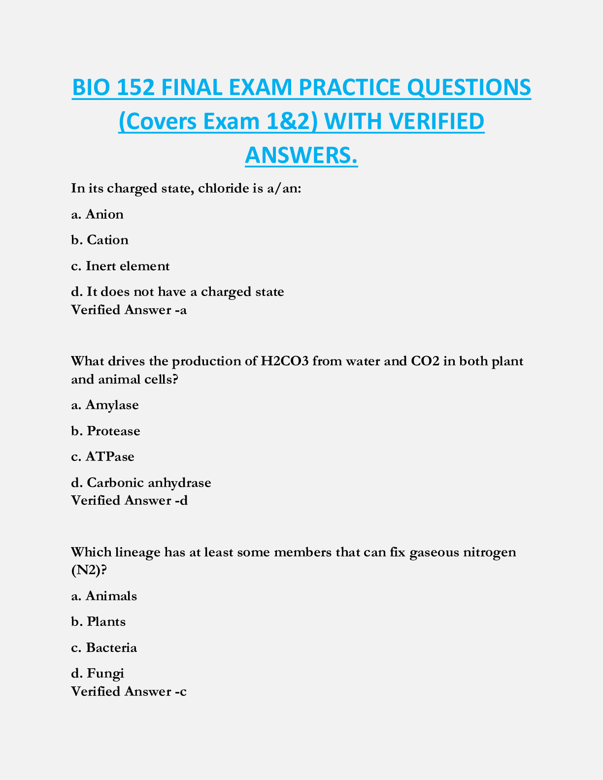 BIO 152 FINAL EXAM PRACTICE QUESTIONS  (Covers Exam 1&2) WITH VERIFIED  ANSWERS.