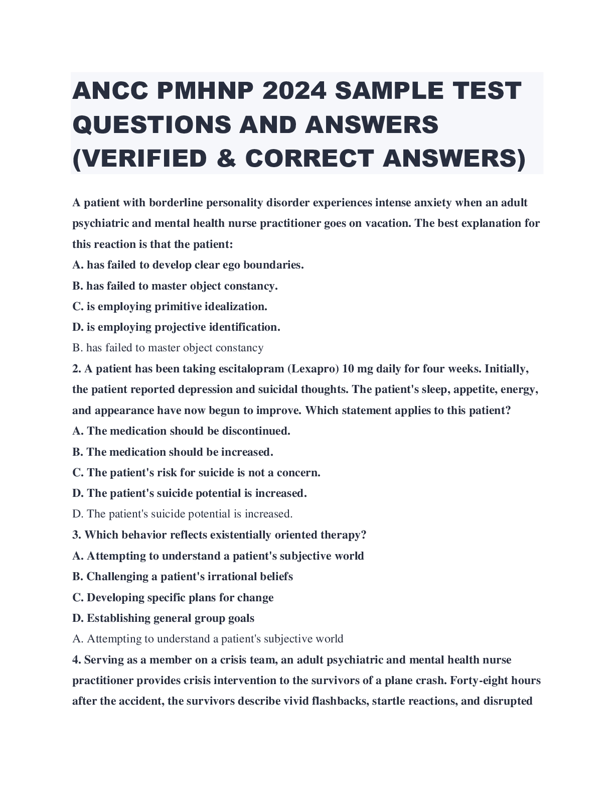 Preview image for ANCC PMHNP 2024 SAMPLE TEST QUESTIONS AND ANSWERS (VERIFIED & CORRECT ANSWERS)