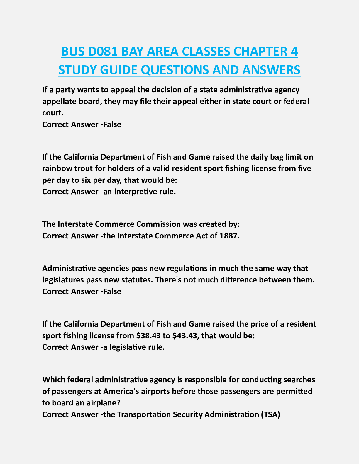 Preview of BUS D081 BAY AREA CLASSES CHAPTER 4  STUDY GUIDE QUESTIONS AND ANSWERS