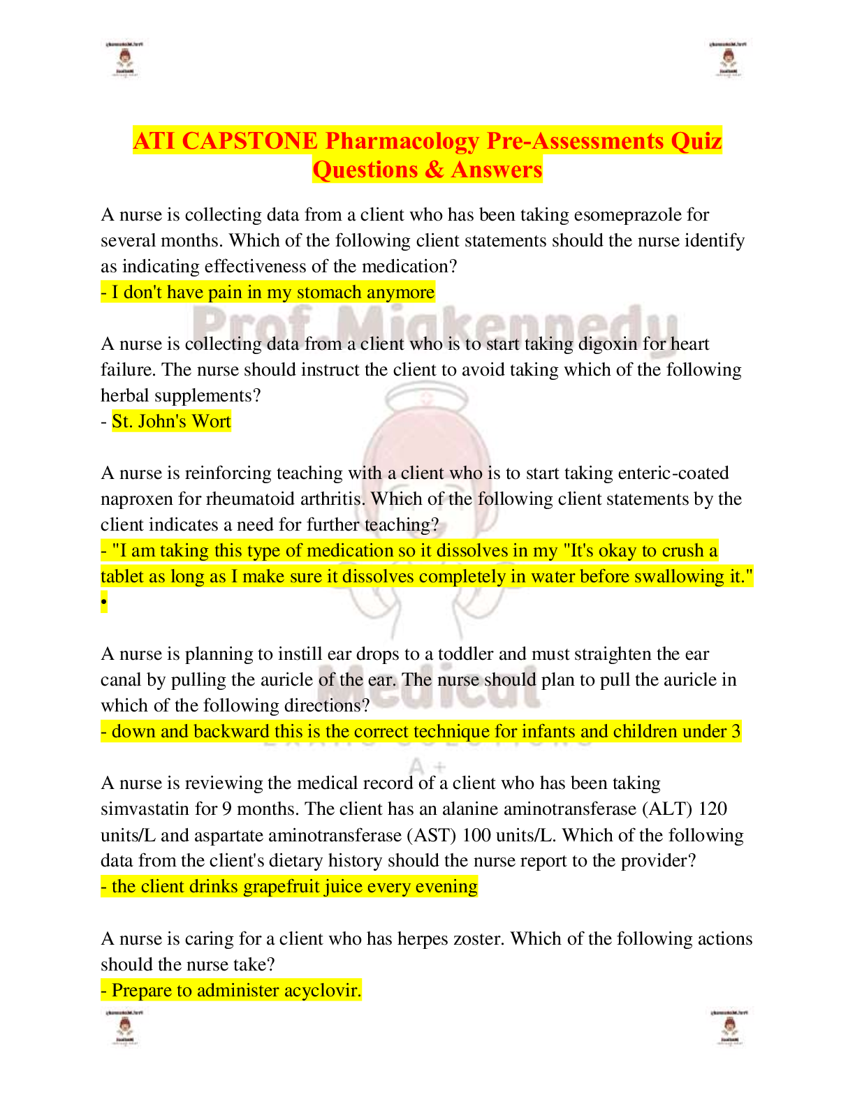 Preview of ATI CAPSTONE Pharmacology Pre-Assessments Quiz Questions & Answers