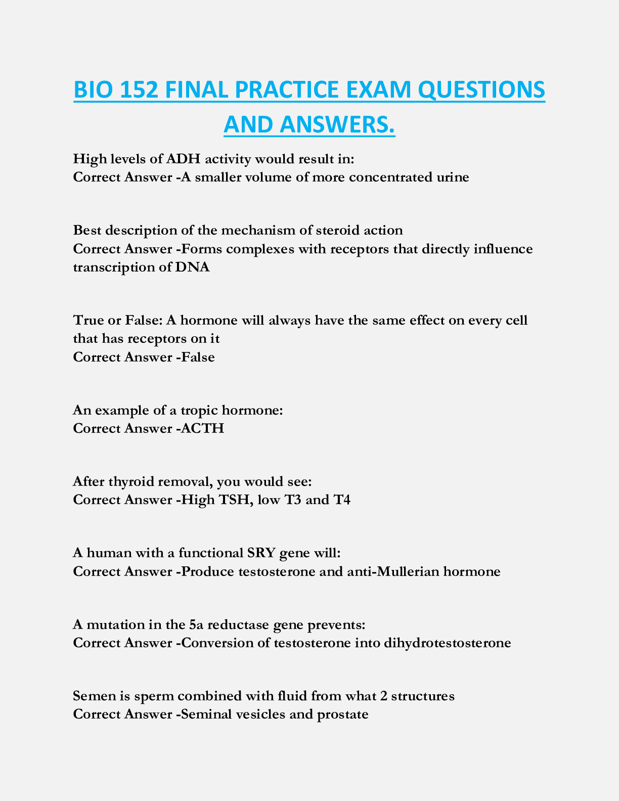 BIO 152 FINAL PRACTICE EXAM QUESTIONS  AND ANSWERS