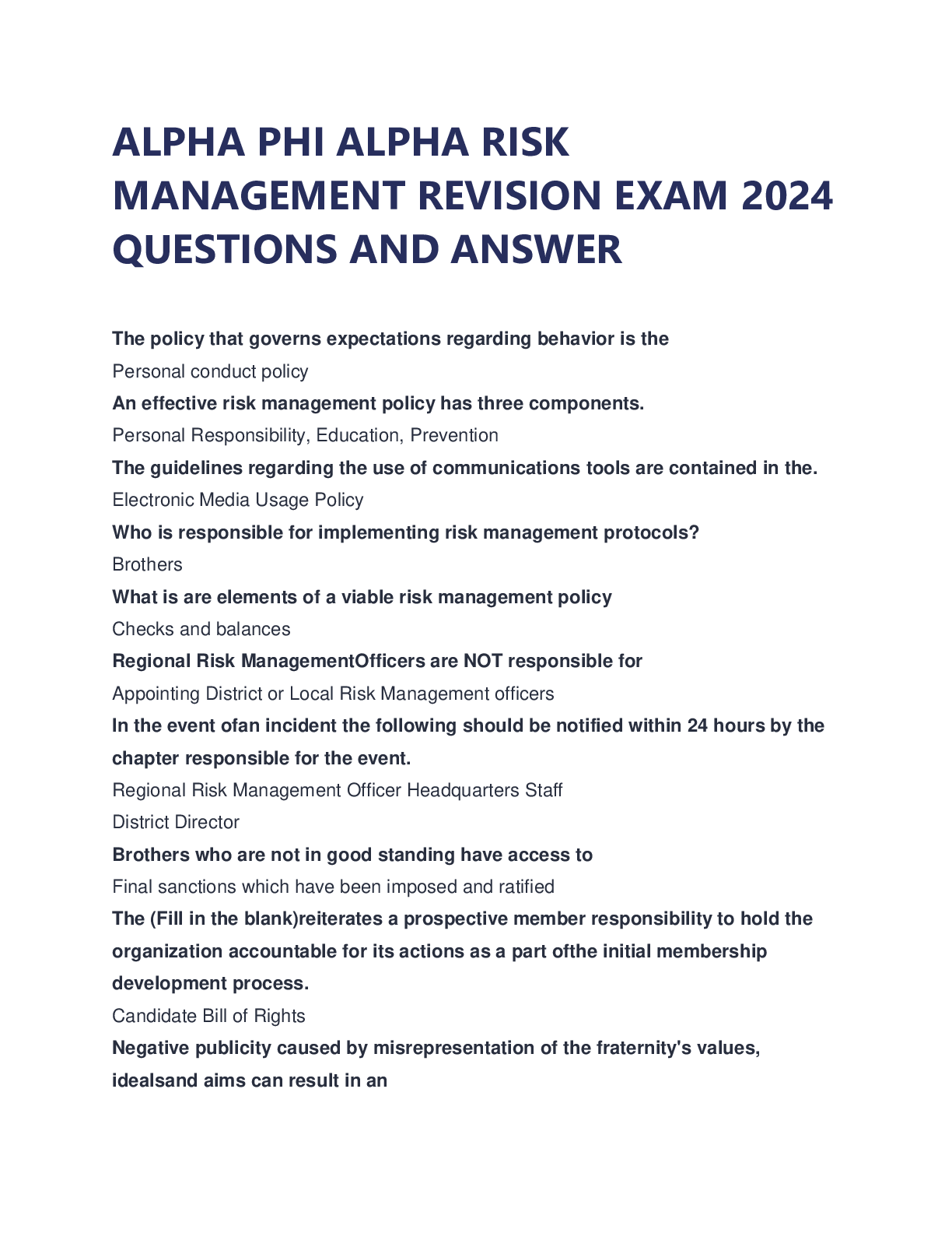 Preview of ALPHA PHI ALPHA RISK MANAGEMENT REVISION EXAM 2024 QUESTIONS AND ANSWER