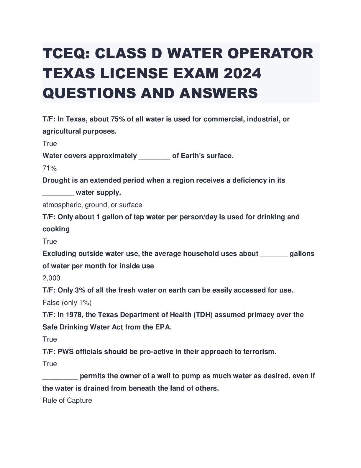 Preview of TCEQ: CLASS D WATER OPERATOR TEXAS LICENSE EXAM 2024 QUESTIONS AND ANSWERS