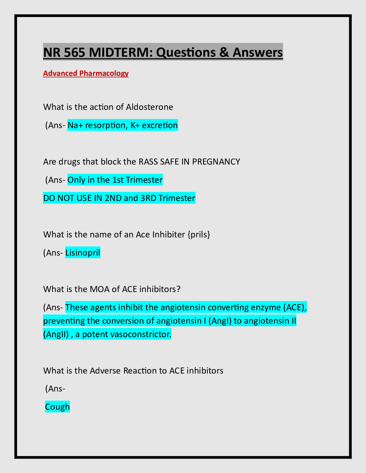 Preview image for NR 565 MIDTERM: Questions & Answers (Advanced Pharmacology) Updated APlus Guide