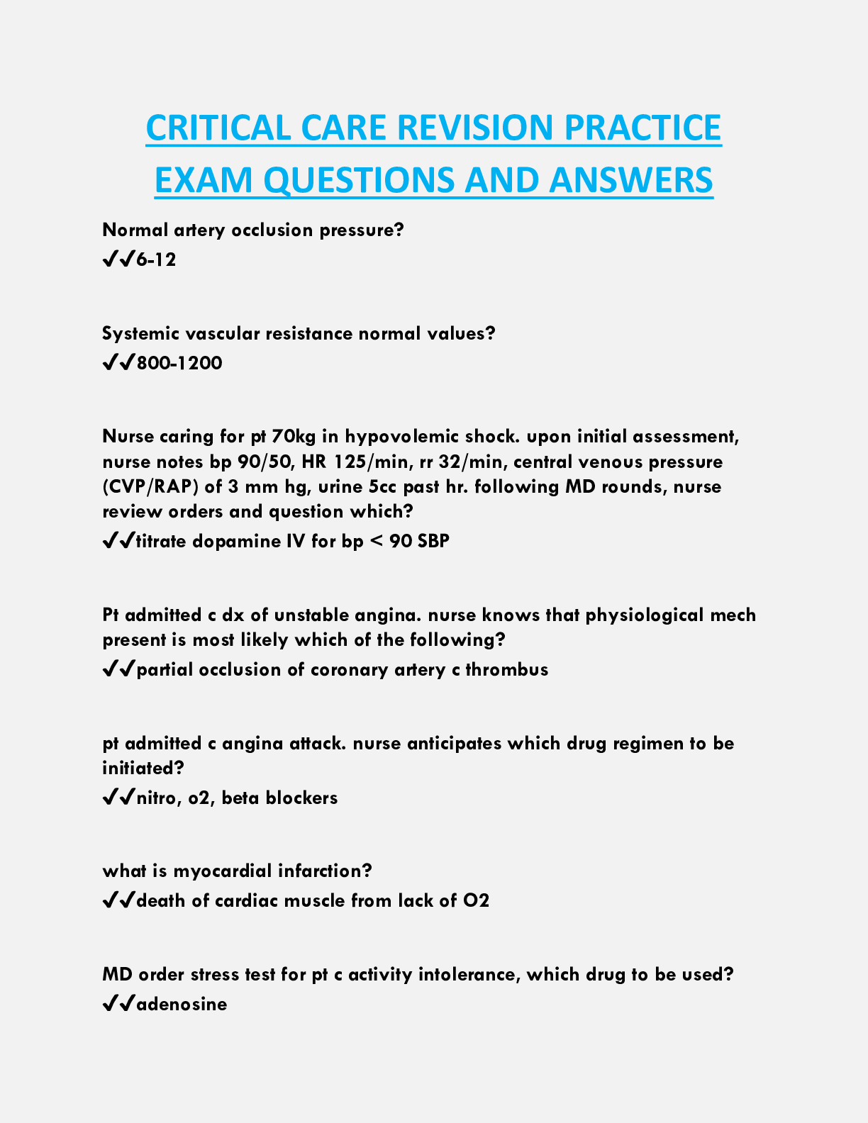Preview of CRITICAL CARE NURSING REVISION PRACTICE  EXAM QUESTIONS AND ANSWERS
