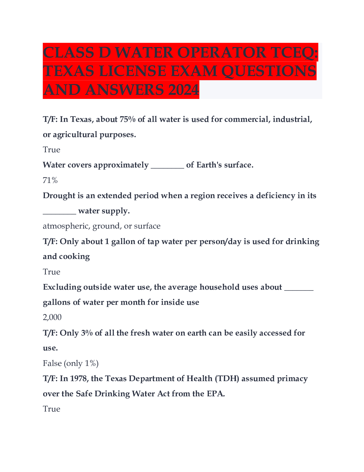 Preview of CLASS D WATER OPERATOR TCEQ: TEXAS LICENSE EXAM QUESTIONS AND ANSWERS 2024