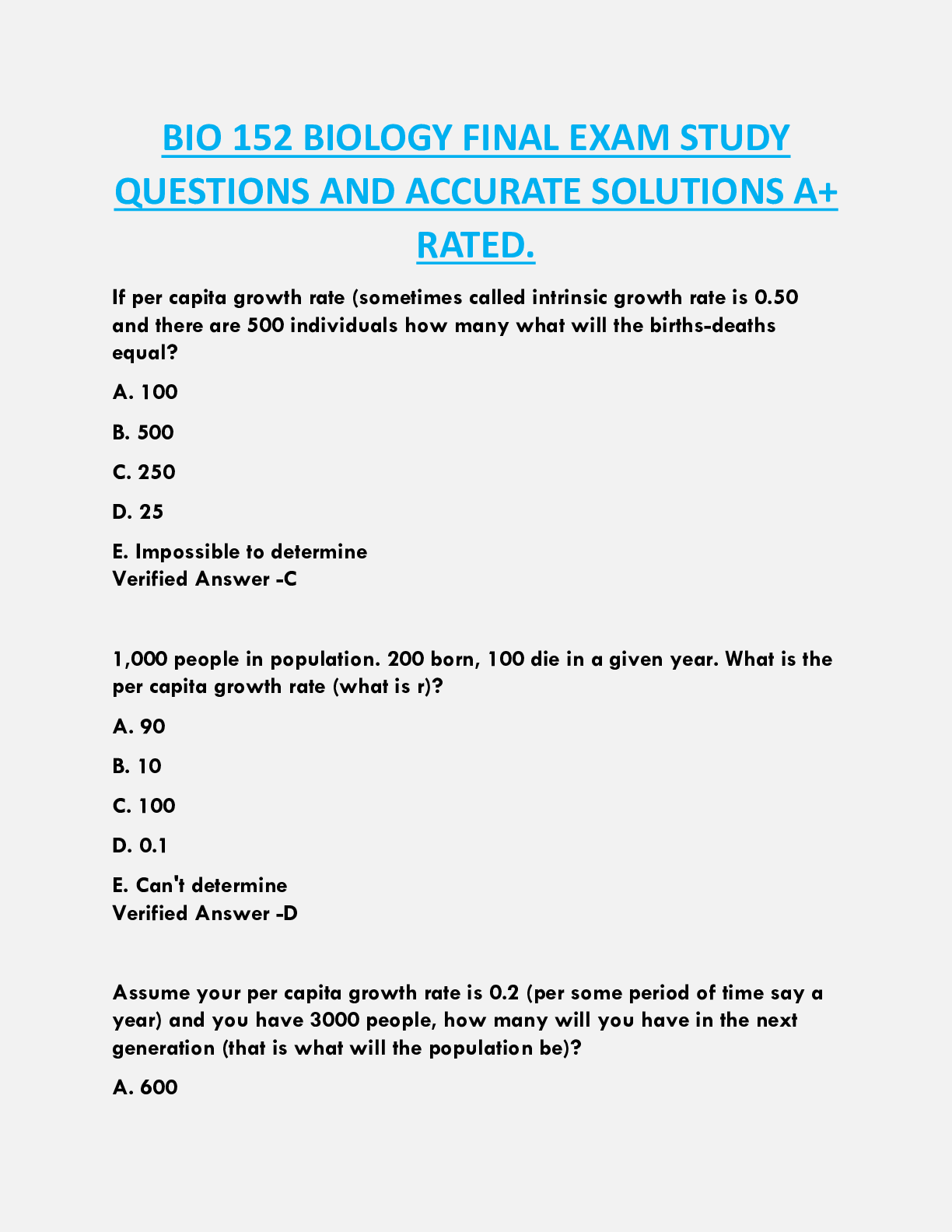 BIO 152 BIOLOGY FINAL EXAM STUDY  QUESTIONS AND ACCURATE SOLUTIONS A+  RATED.