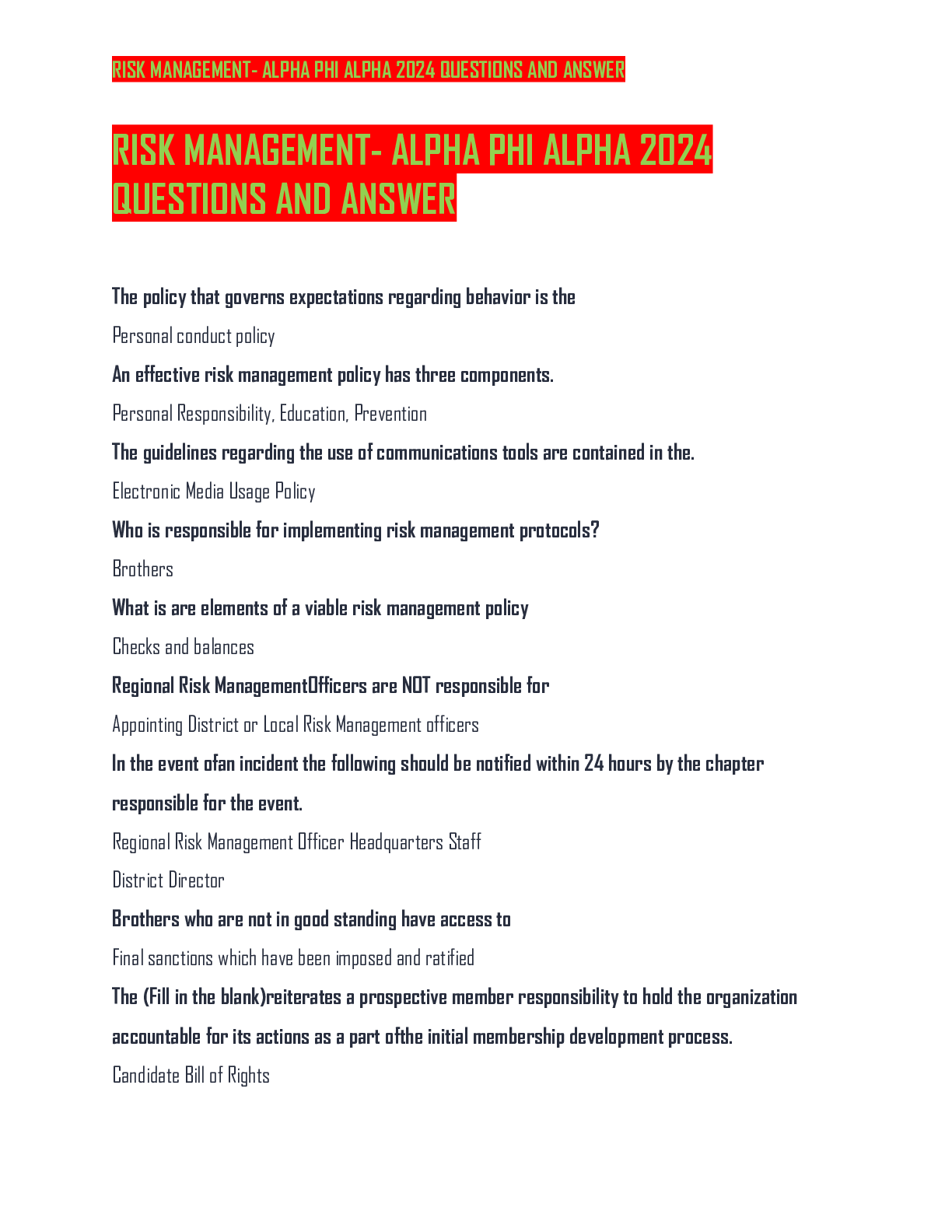 Preview of RISK MANAGEMENT- ALPHA PHI ALPHA 2024 QUESTIONS AND ANSWER