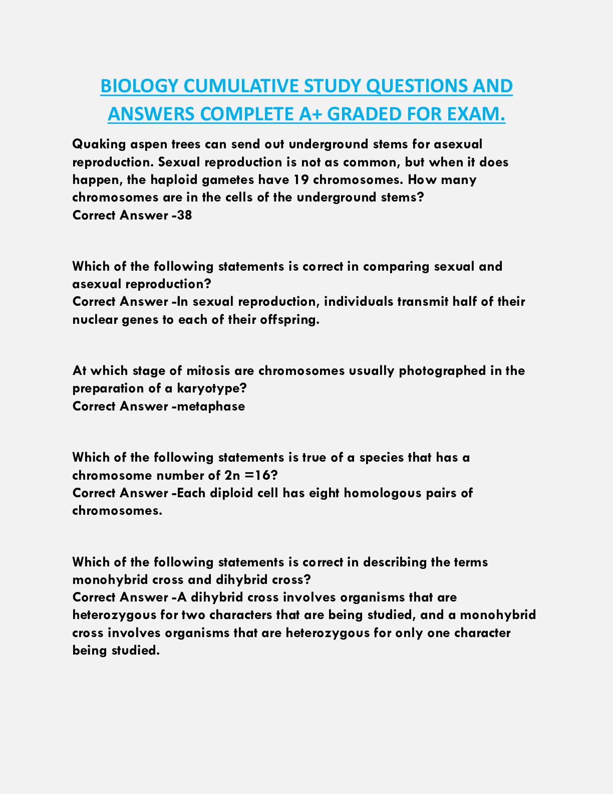 BIOLOGY CUMULATIVE STUDY QUESTIONS AND  ANSWERS COMPLETE A+ GRADED FOR EXAM.