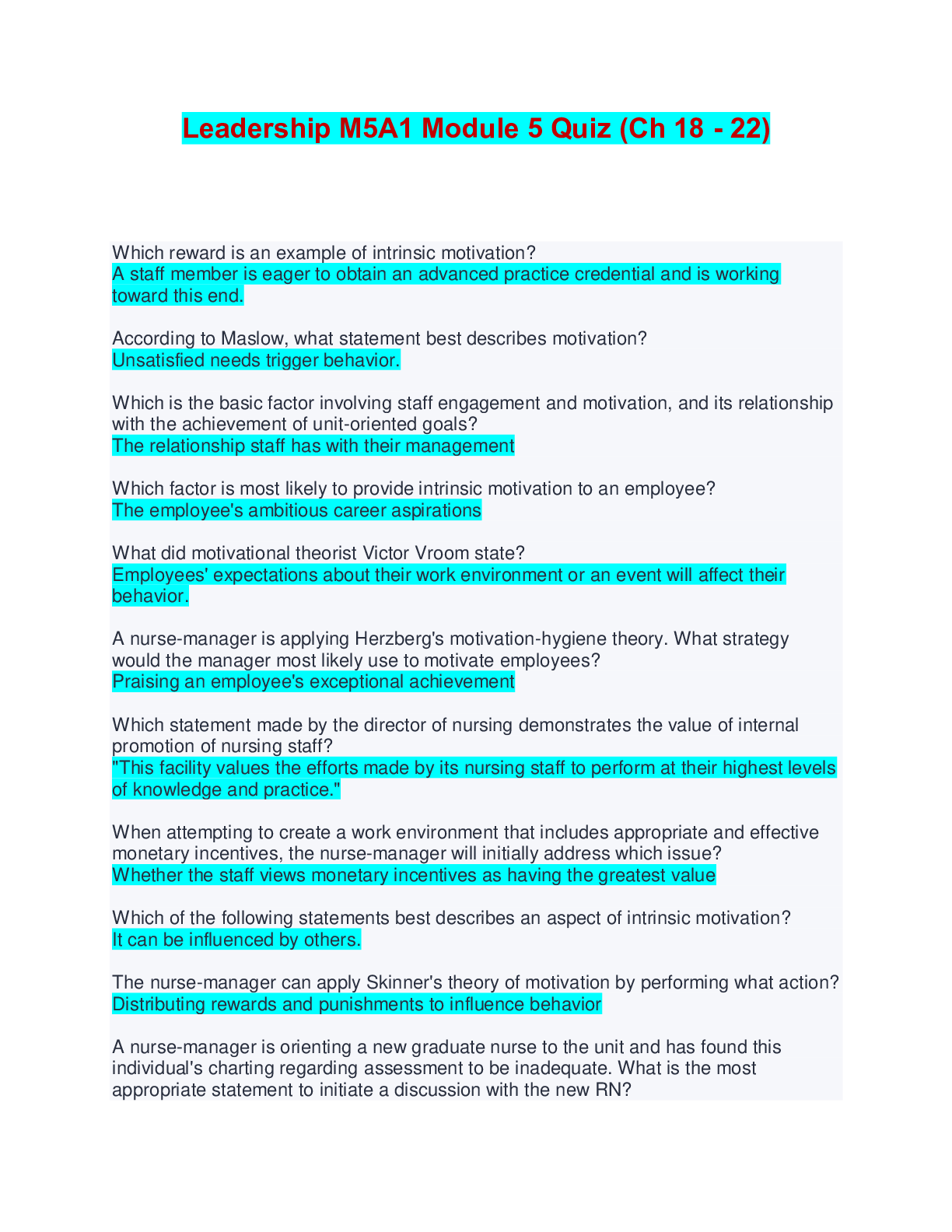 Preview of Leadership M5A1 Module 5 Quiz (Ch 18 - 22) | Questions and Answers
