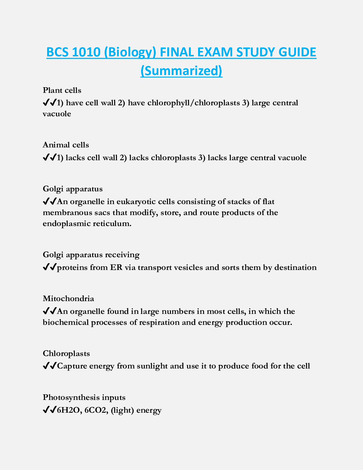 Preview image of BCS 1010 (Biology) FINAL EXAM STUDY GUIDE  (Summarized) document