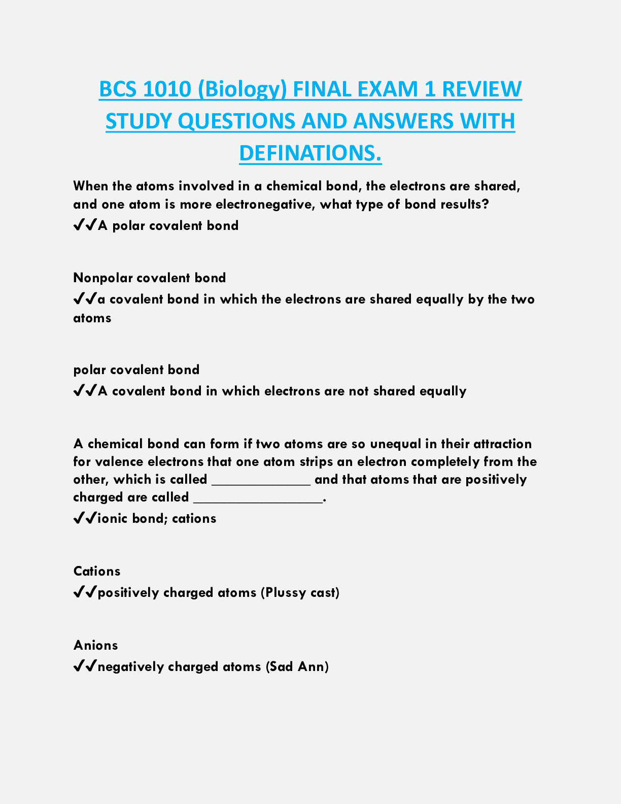 BCS 1010 (Biology) FINAL EXAM 1 REVIEW  STUDY QUESTIONS AND ANSWERS WITH  DEFINATIONS.