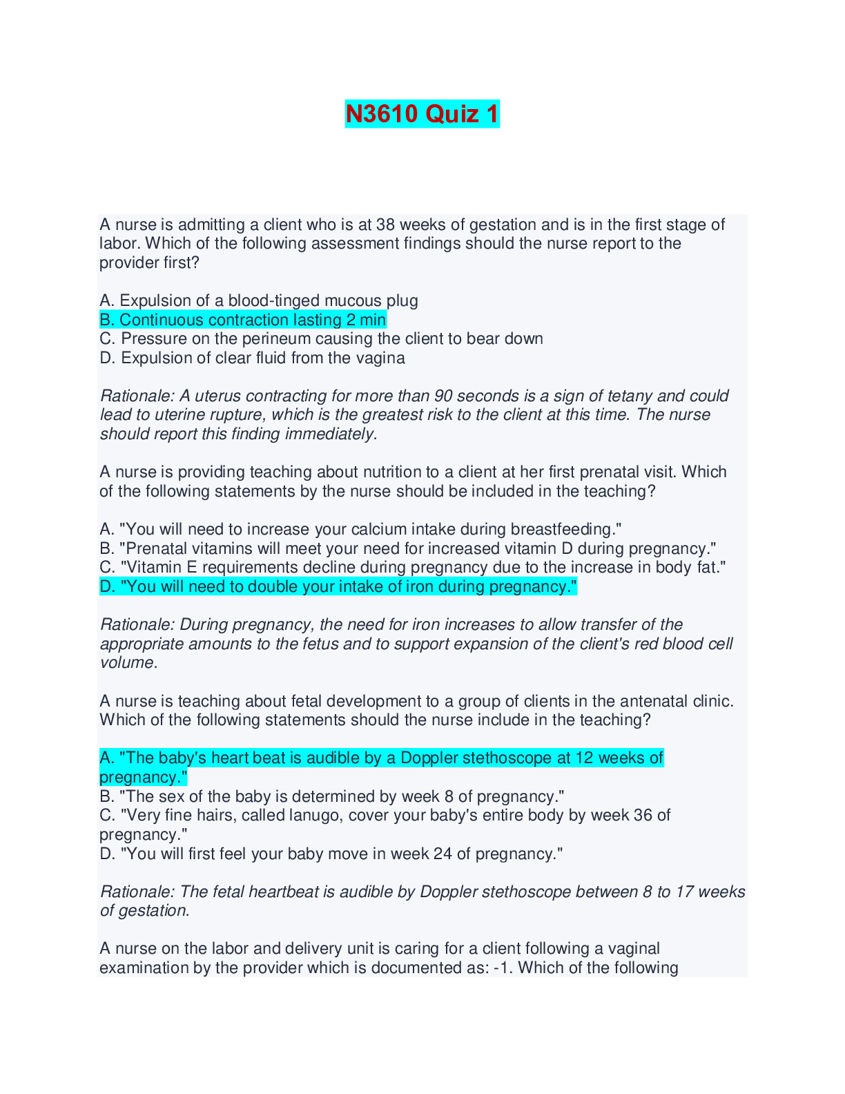 Preview image for N3610 Quiz 1 | Questions, Answers and Rationales