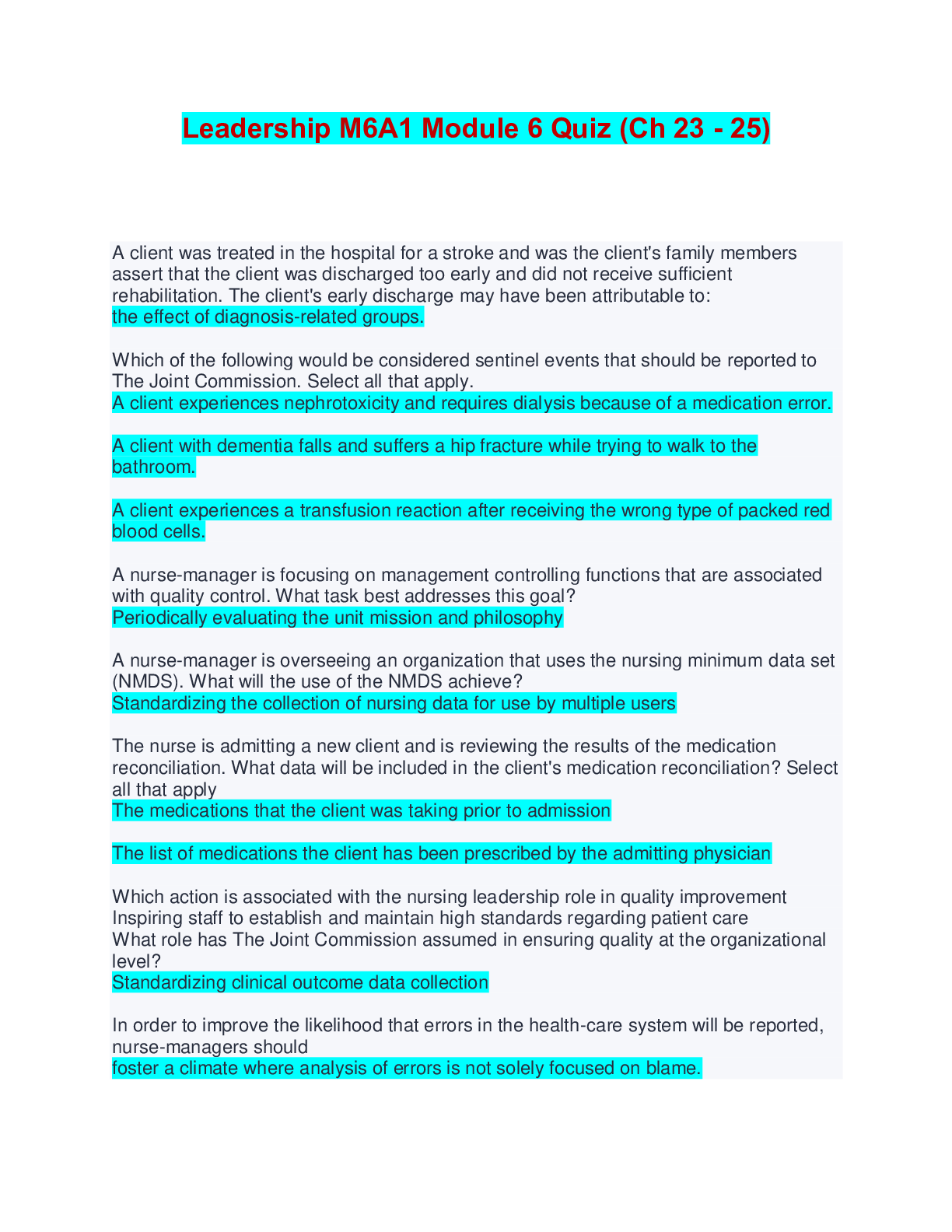Preview image for Leadership M6A1 Module 6 Quiz (Ch 23 - 25) | Questions and Answers