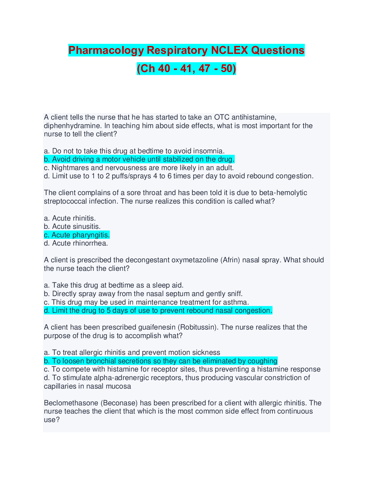Preview of Pharmacology Respiratory NCLEX Questions (Ch 40 - 41, 47 - 50) | Complete Solutions