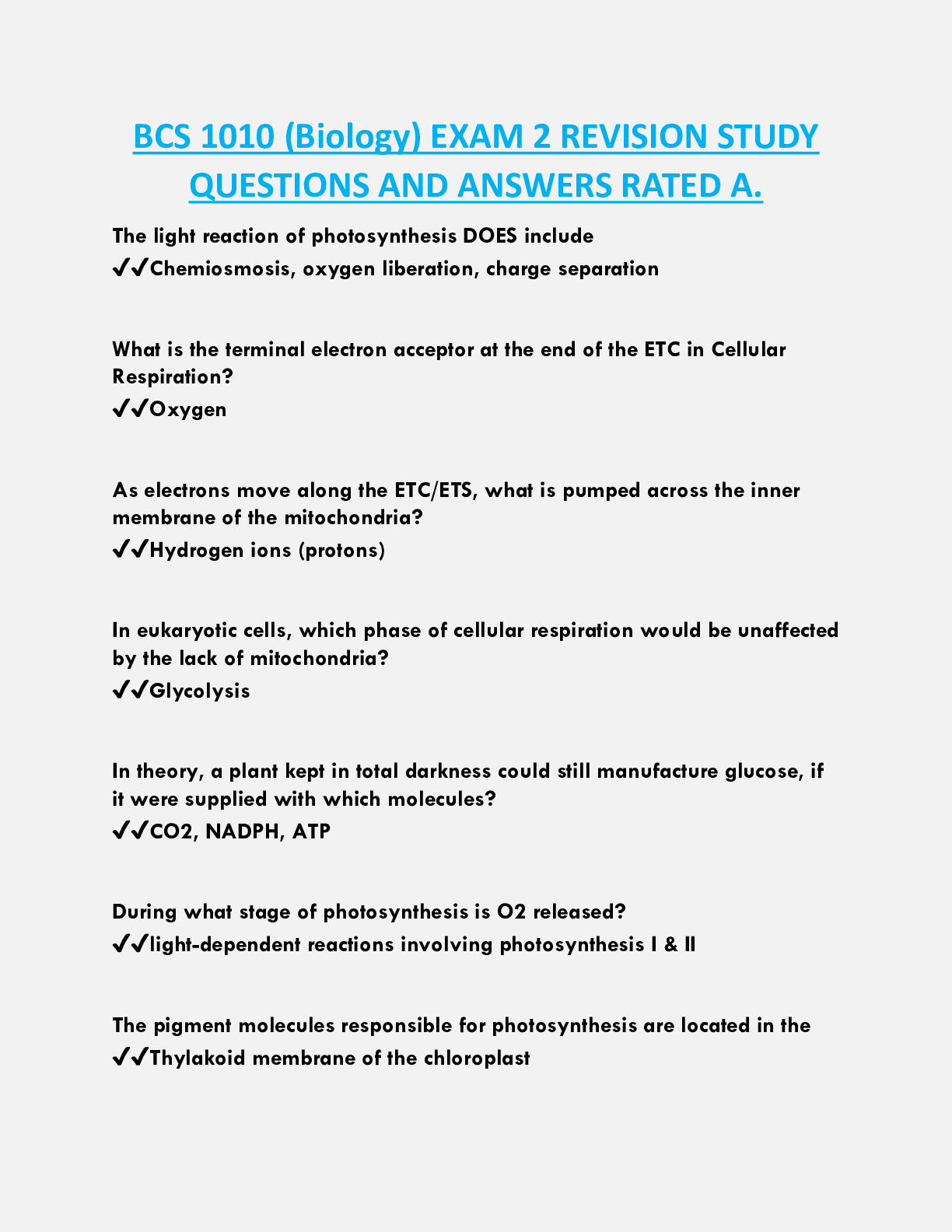 BCS 1010 (Biology) EXAM 2 REVISION STUDY  QUESTIONS AND ANSWERS RATED A.