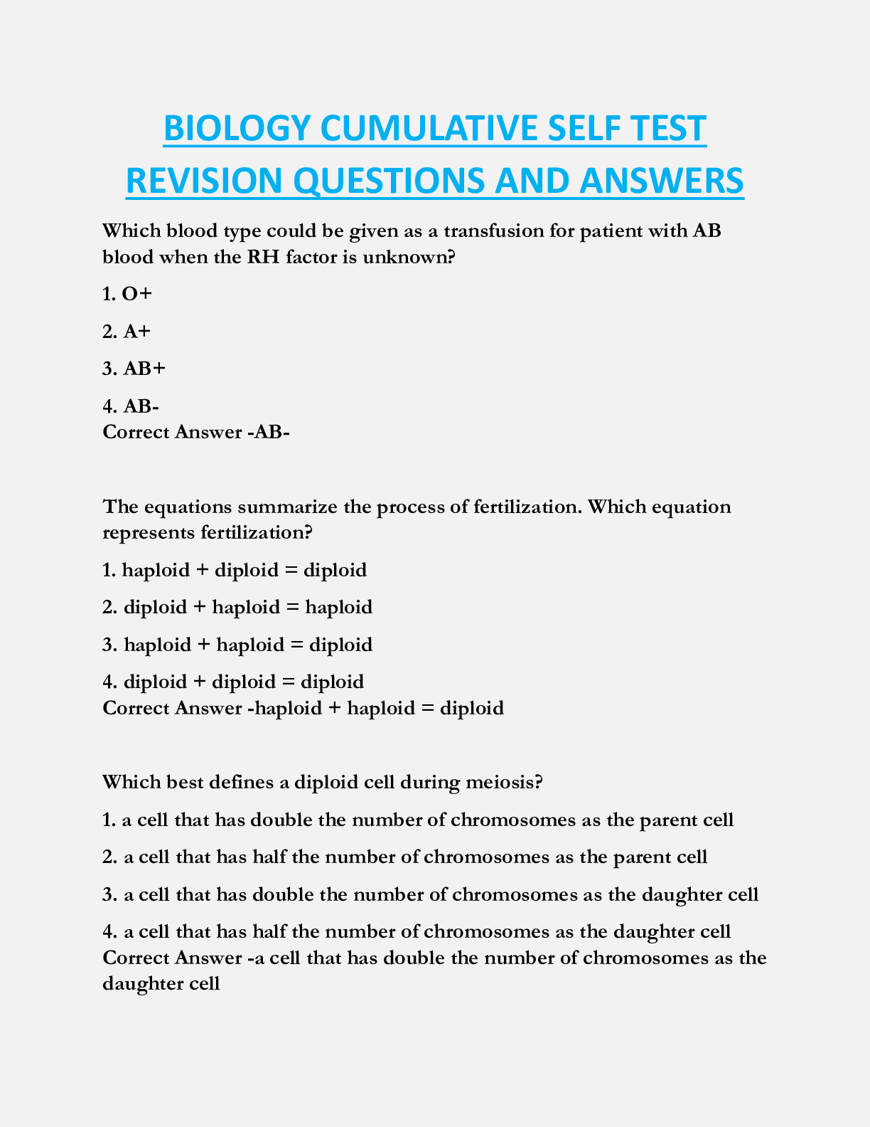 BIOLOGY CUMULATIVE SELF TEST  REVISION QUESTIONS AND ANSWERS