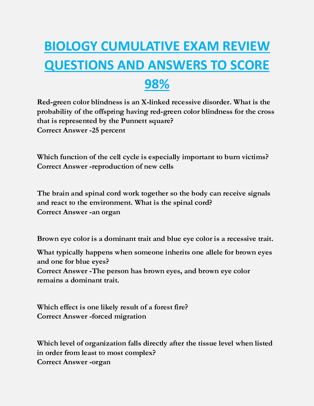 BIOLOGY CUMULATIVE EXAM REVIEW  QUESTIONS AND ANSWERS TO SCORE  98%