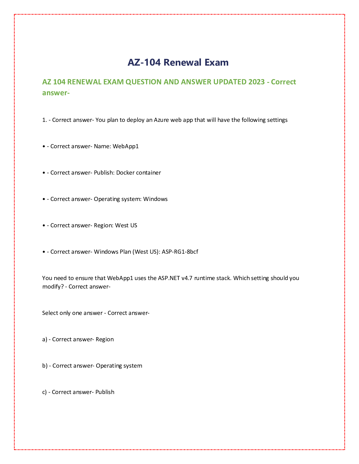 Preview of AZ 104 RENEWAL EXAM QUESTION AND ANSWER UPDATED 2023 - Correct