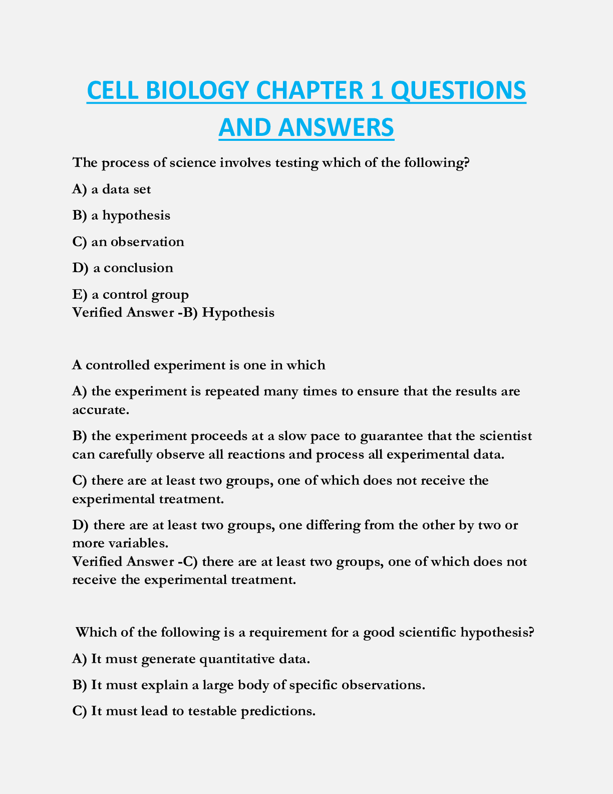 CELL BIOLOGY CHAPTER 1 QUESTIONS  AND ANSWERS