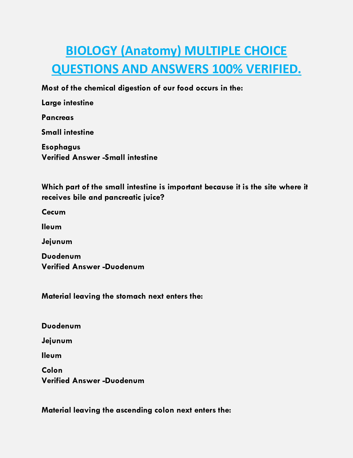 BIOLOGY (Anatomy) MULTIPLE CHOICE  QUESTIONS AND ANSWERS 100% VERIFIED.