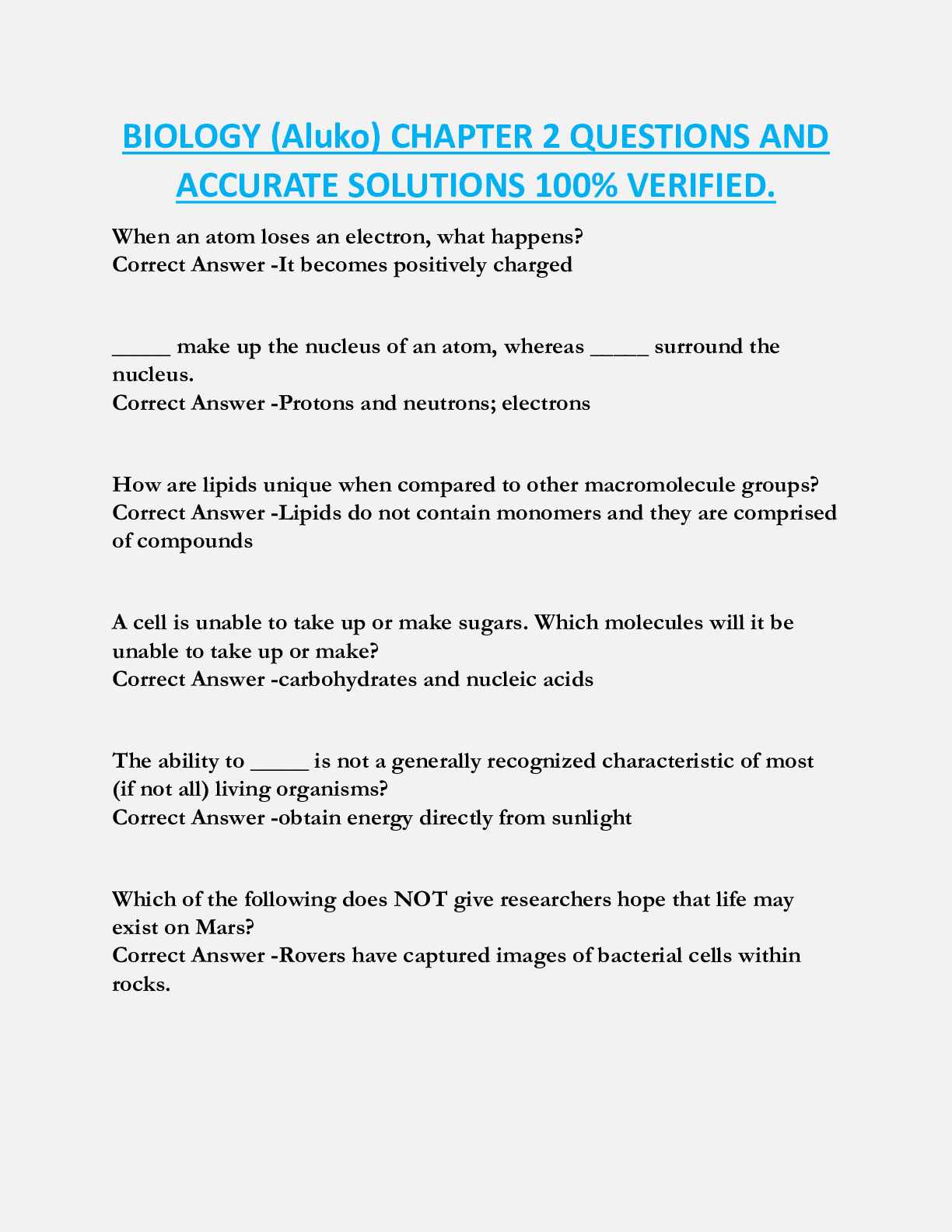 BIOLOGY (Aluko) CHAPTER 2 QUESTIONS AND  ACCURATE SOLUTIONS 100% VERIFIED.