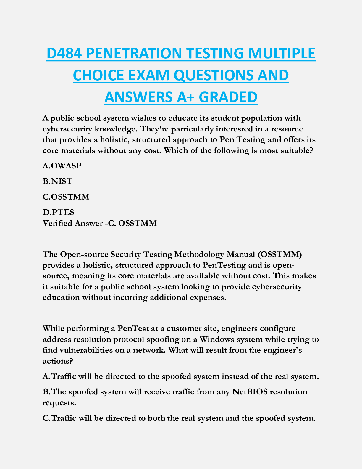D484 PENETRATION TESTING MULTIPLE  CHOICE EXAM QUESTIONS AND  ANSWERS A+ GRADED