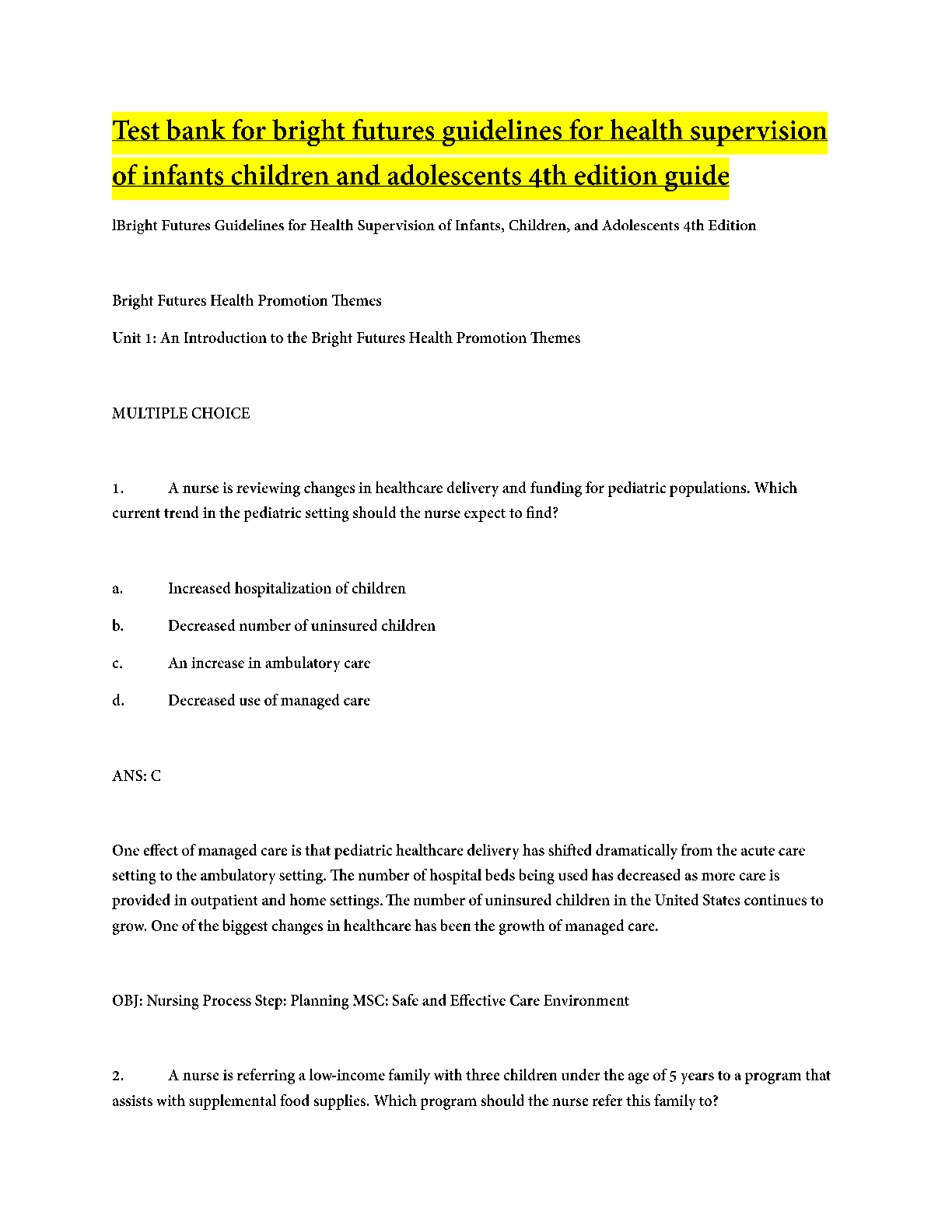 Preview image for Test Bank For Bright Futures Guidelines for Health Supervision of Infants, Children, and Adolescents 4th Edition | Study Guide 2024/2025 updated.