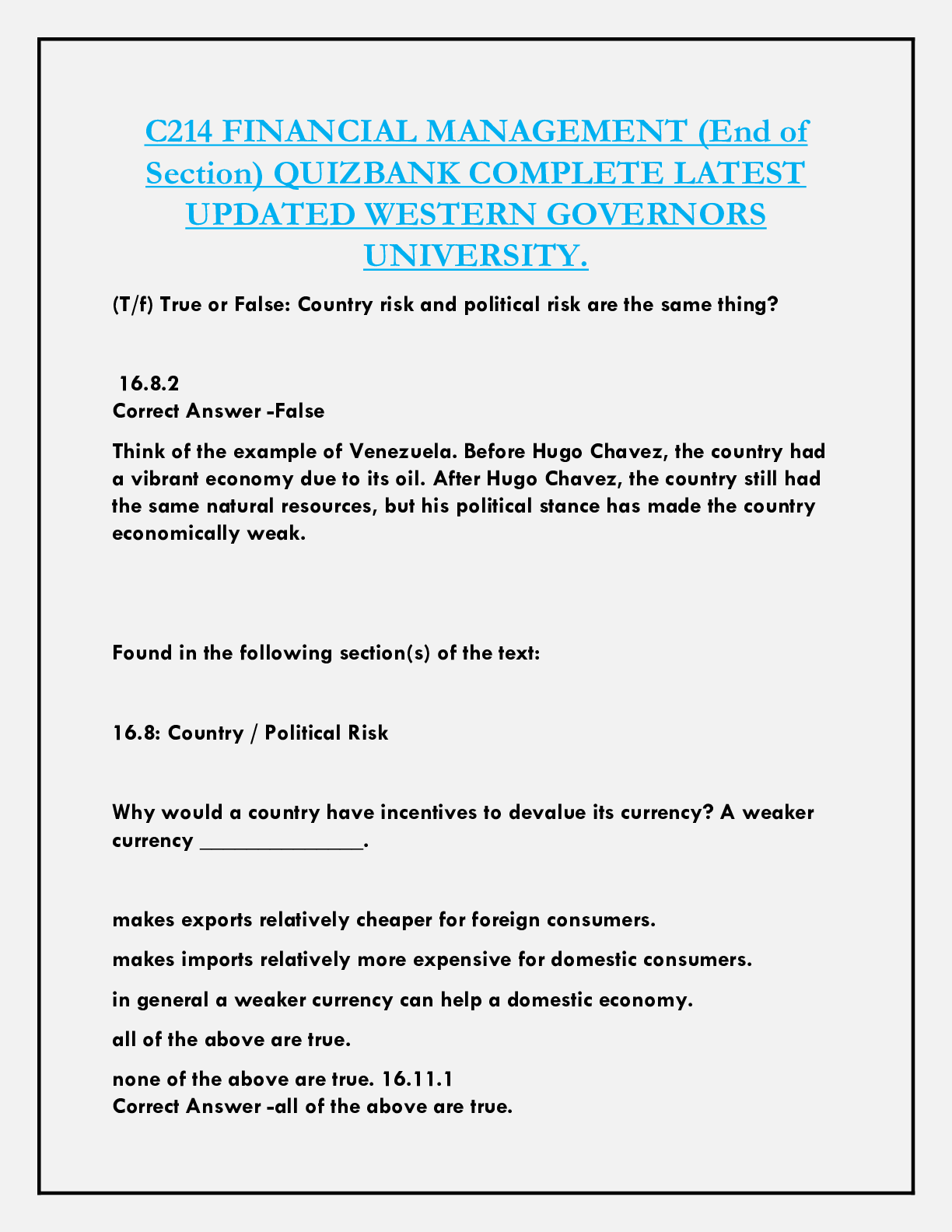 C214 FINANCIAL MANAGEMENT (End of  Section) QUIZBANK COMPLETE LATEST  UPDATED WESTERN GOVERNORS  UNIVERSITY.