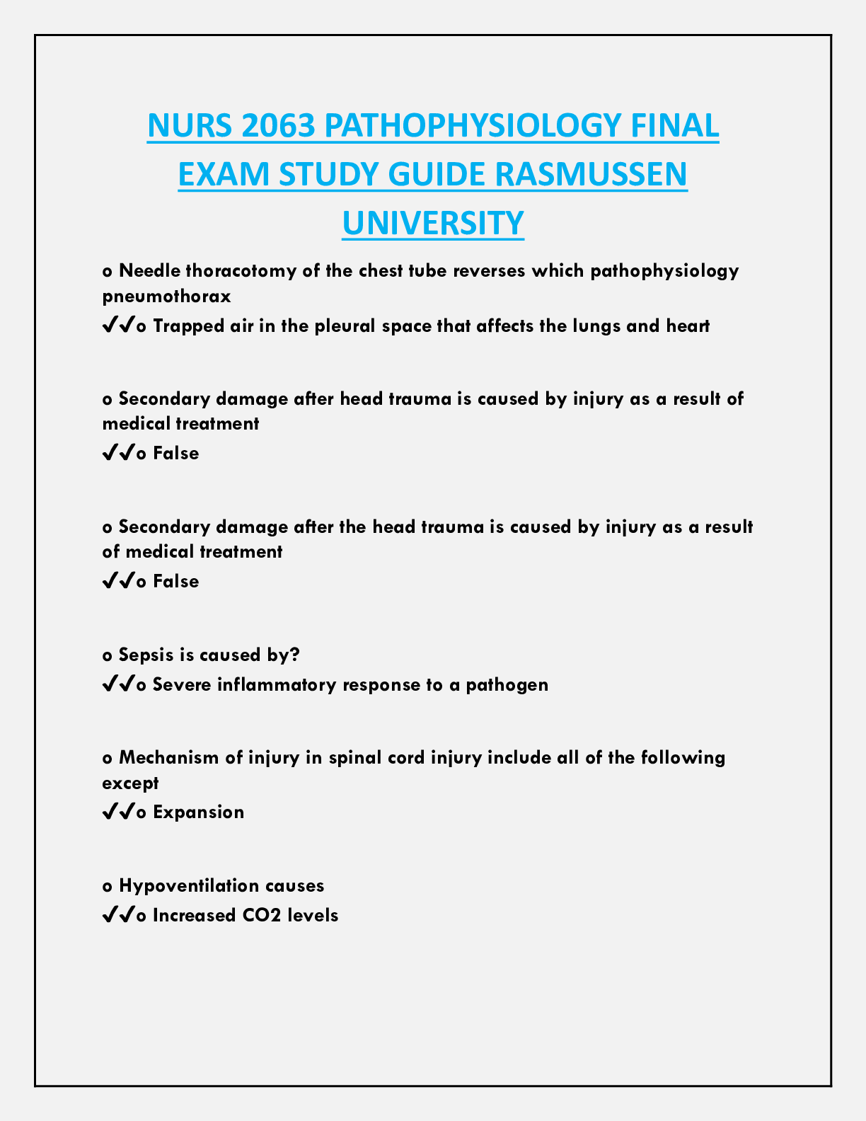 Recommended document preview for NURS 2063 PATHOPHYSIOLOGY FINAL  EXAM STUDY GUIDE RASMUSSEN  UNIVERSITY